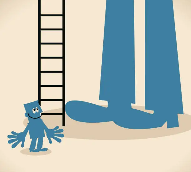 Vector illustration of Small man standing in front of a big foot and a ladder