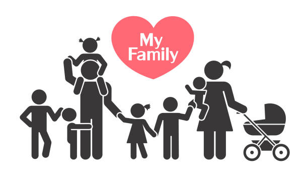 Big happy family. Children and their parents. vector art illustration