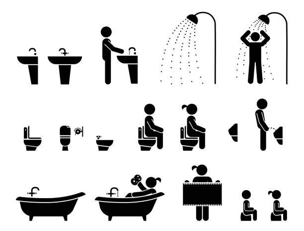ilustraciones, imágenes clip art, dibujos animados e iconos de stock de iconos de wc. etiquetas de aseo. - bodies of water illustrations