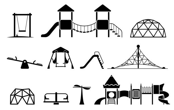 Kid playground equipment icons. Icon set with different types of elements on the playground. swing play equipment stock illustrations