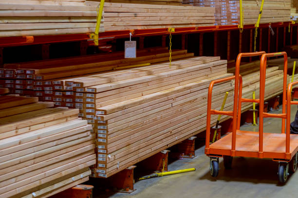 istock Wood stacked on shelving inside a lumber yard 1040084000