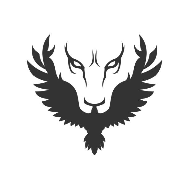 Wolf or lion face and bird icon Stylized icon with wolf or lion face and bird of prey wolf illustrations stock illustrations