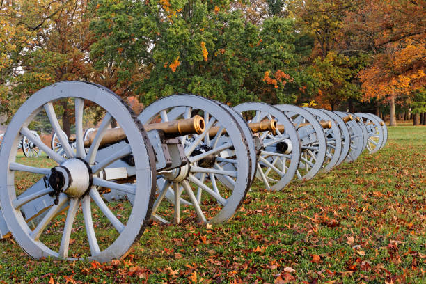 Sunset view of the old cannons in a line at Manassas Civil War battlefield where the Bull Run battle was fought. 2011 is the sesquicentennial of the battle