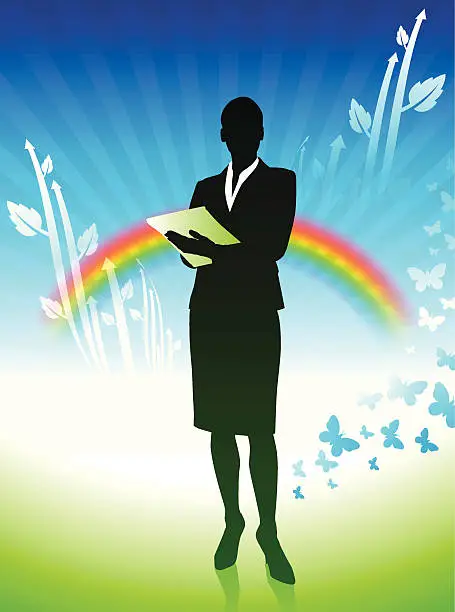 Vector illustration of Green nature businesswoman holding "report" internet background with rainbow