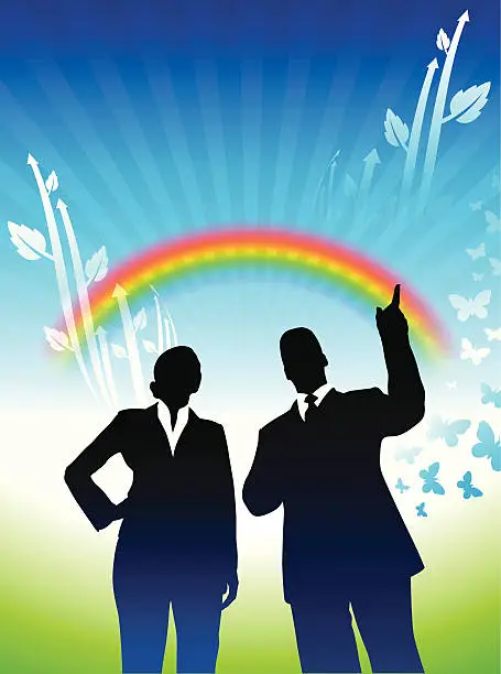 Vector illustration of Green nature businessman and businesswoman on background with rainbow
