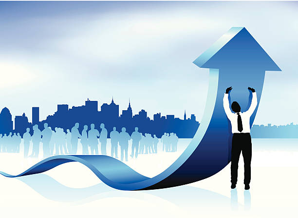 istock Businessman holding up blue arrow with new york skyline background 104014172