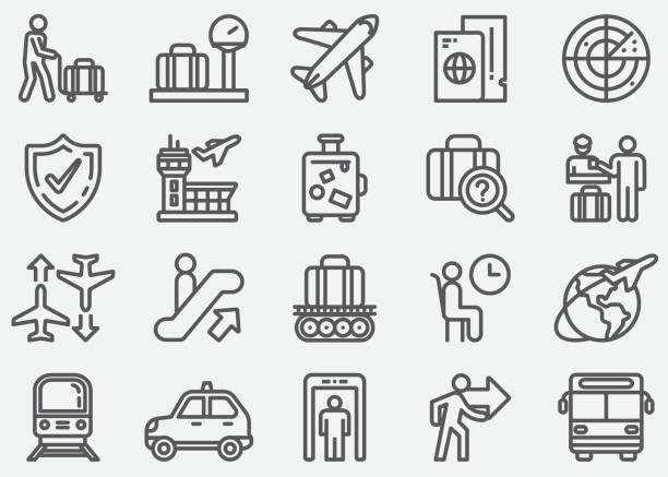 иконки линии аэропорта и транспорта - air vehicle airplane jet commercial airplane stock illustrations