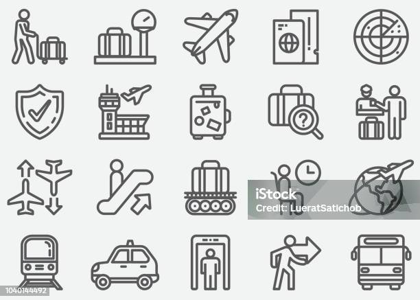 Airport And Transportation Line Icons Stock Illustration - Download Image Now - Icon Symbol, Aerospace Industry, Airport