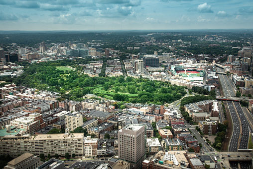 Aerial view picture of Boston including the Fenway Park Stadium