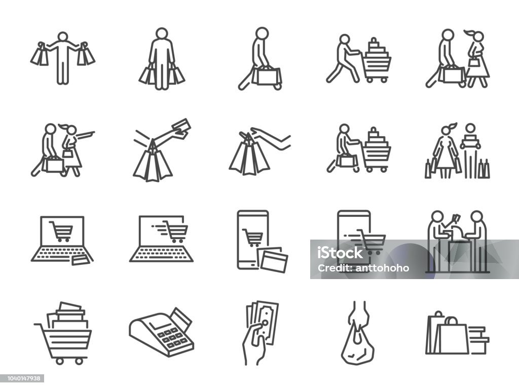 Shopping icon set. Included icons as buy, shopaholic, handful bags, cart, shop and more. Icon Symbol stock vector