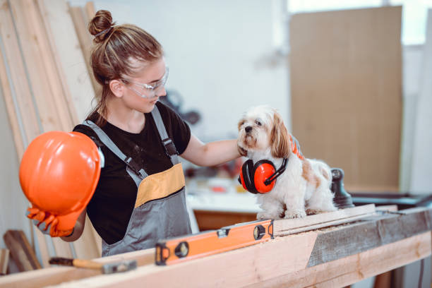 istock Female Carpenter Having Fun With Pet Puppy In Workshop 1040148130