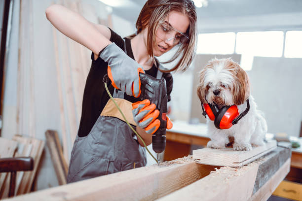 istock Female Carpenter Drilling Through Wooden Plank While Dog Assistant Watches 1040148194