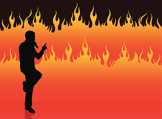 singer performing on fire background vector art illustration