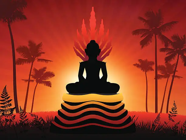 Vector illustration of Buddha on sunset background with palm trees