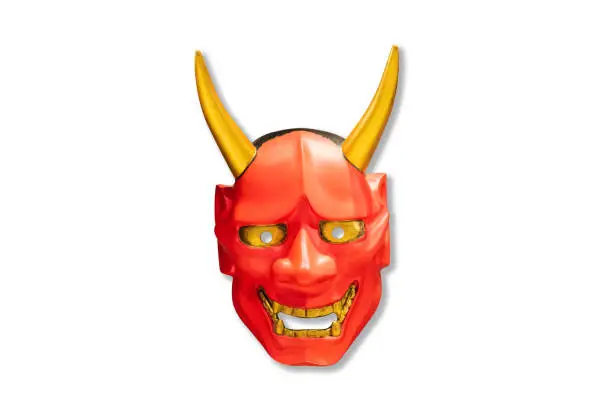 Photo of Traditional Japanese red devil mask Kabuki Mask on white background. mock up for art.