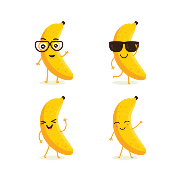 ilustraciones, imágenes clip art, dibujos animados e iconos de stock de lindo vector conjunto de carácter de fruta de plátano en emoción de acción diferentes - gourmet enjoyment food freshness