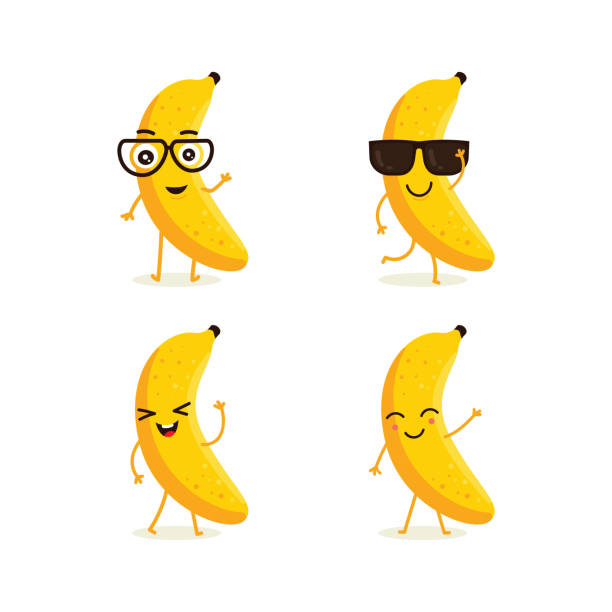 illustrations, cliparts, dessins animés et icônes de vecteur mignon jeu de caractère de fruits banane en émotion d’action différents - banane