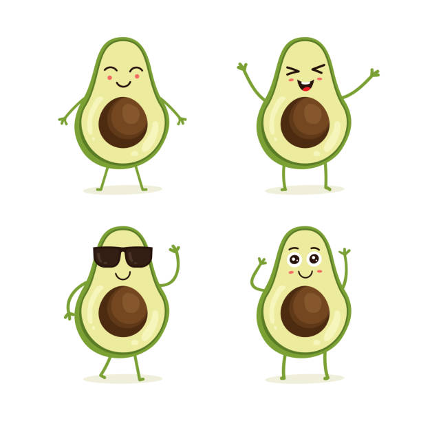 Cute vector set of avocado fruit character Cute vector set of avocado fruit character in different action emotion. Collection of avocado characters in different expressions, Funny fruit character isolated on white background avocado stock illustrations