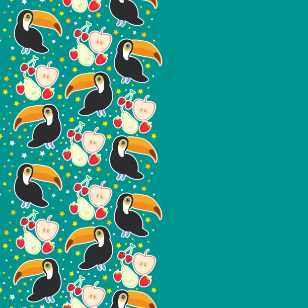 Toucan Bird and the apple pear strawberry cherry on teal blue background card banner design, place for text. Vector Toucan Bird and the apple pear strawberry cherry on teal blue background card banner design, place for text. Vector illustration green apple on green background stock illustrations
