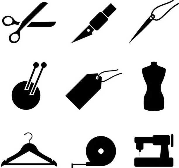 Vector illustration of Garment and sewing black on white vector icon set