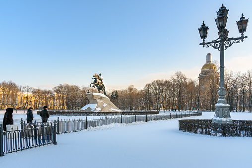 Saint Petersburg, Russia - January 22, 2018: Bronze Horseman on Senate square in winter