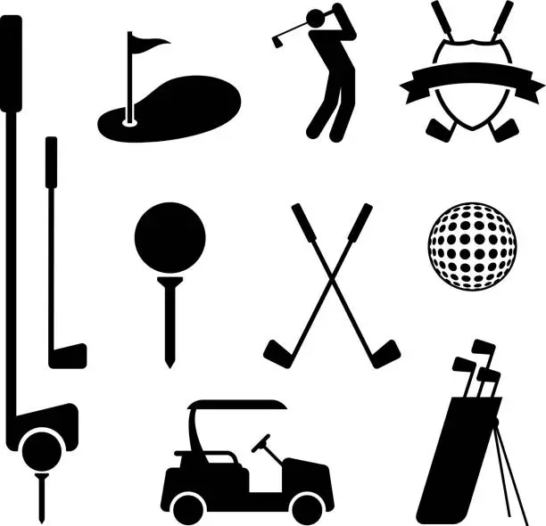 Vector illustration of Golf and Golfing Equipment Black on White Vector Set