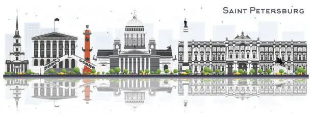 Vector illustration of Saint Petersburg Russia Skyline with Gray Buildings Isolated on White Background.