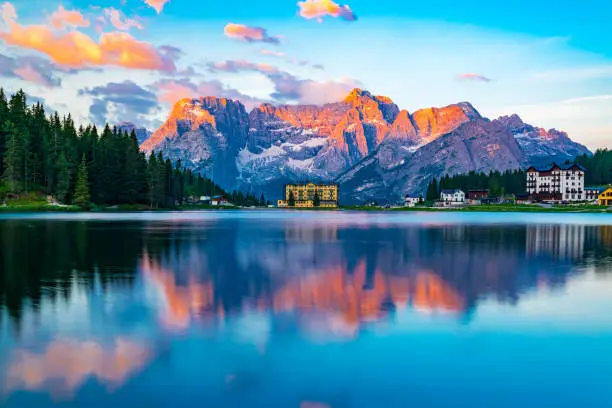 View of lake Misurina at Cortina d'Ampezzo in the morning in Italy with the Punta Sorapis mountain of Dolomites in the background