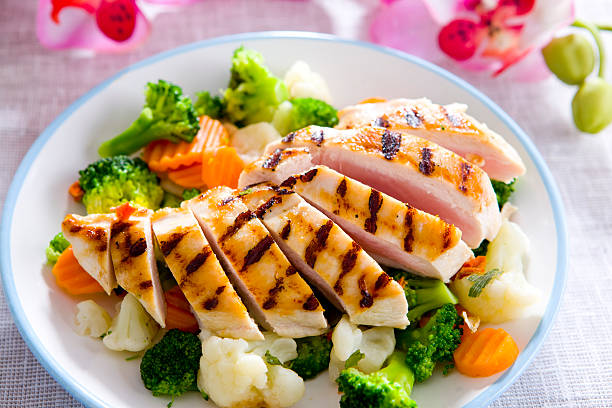 chicken meal Grilled Chicken fillet with veggie grilled chicken breast stock pictures, royalty-free photos & images