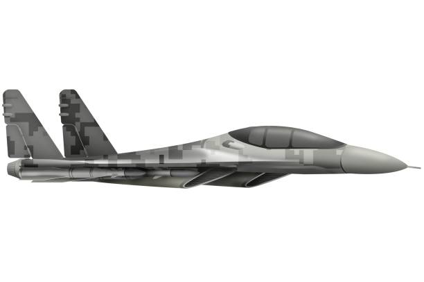istock fighter, interceptor flying with pixel grey camouflage with fictional design - isolated object on white background. 3d illustration 1040194592