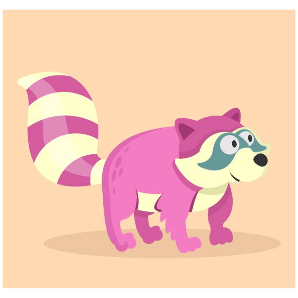 смешной и милый маленький розовый полосатый енот, мультипликационный персонаж - raccoon dog stock illustrations