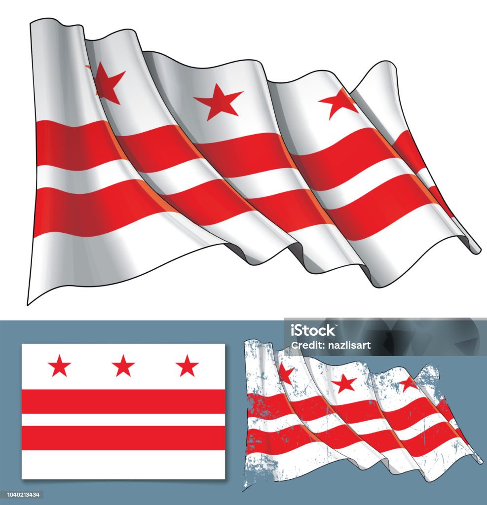 Waving Flag of Washington DC Vector illustration of a Waving Flag of Washington DC. A textured version and the Flat Flag design are included. All elements neatly on well-defined layers ang groups. American Culture stock vector