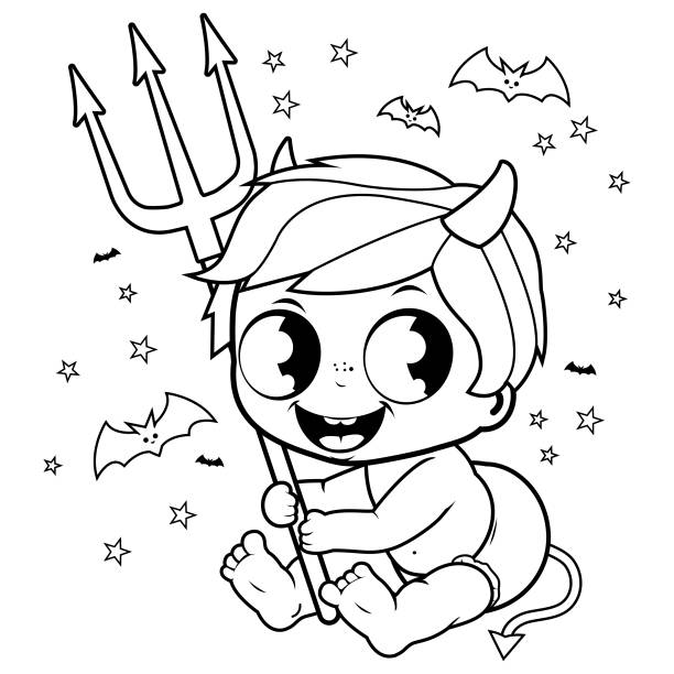 Cute baby boy in Halloween devil costume. Black and white coloring book page A cute baby boy in Halloween devil costume with horns and trident. Vector black and white illustration cartoon of the devils pitch fork stock illustrations
