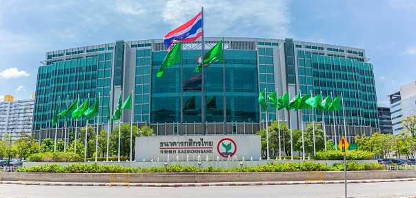 Kasikornbank also known as Kasikorn Bank or KBank Largest banking and financial group in Thailand as Thai Farmers Bank HQ office building in Muangthong Thani. 7 September 2018, Bangkok Thailand.