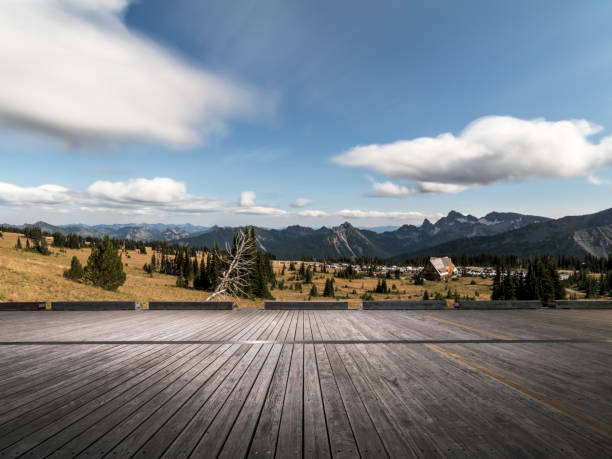 istock mountain range with wooden plank on foreground 1040221412