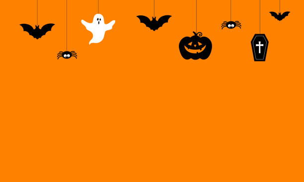 istock Happy Halloween Background vector illustration. Halloween hanging ornaments on orange background. 1040221648