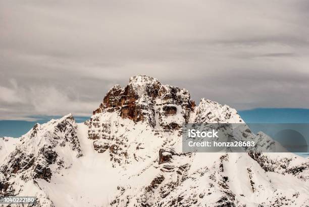 Hohe Gaisl Mountain Peak From Monte Piana Peak In Dolomites Mountains In Italy During Winter Stock Photo - Download Image Now