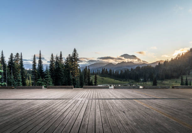 Mt.Rainier National Park wooden plank on foreground,Washington State,United States. observation point stock pictures, royalty-free photos & images