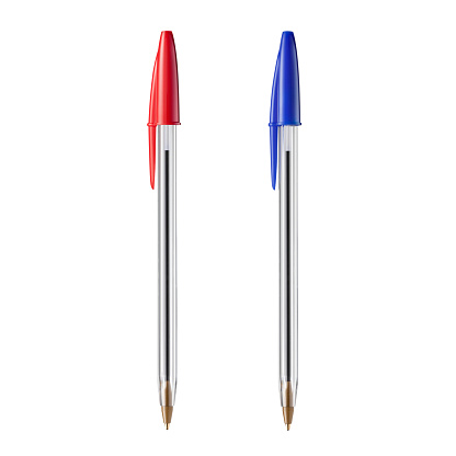 Red and blue ballpoint pens on white background.