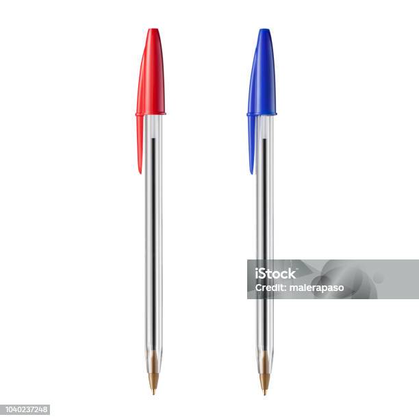 Red And Blue Ballpoint Pens On White Background Stock Photo - Download Image Now - Pen, Ballpoint Pen, Cut Out