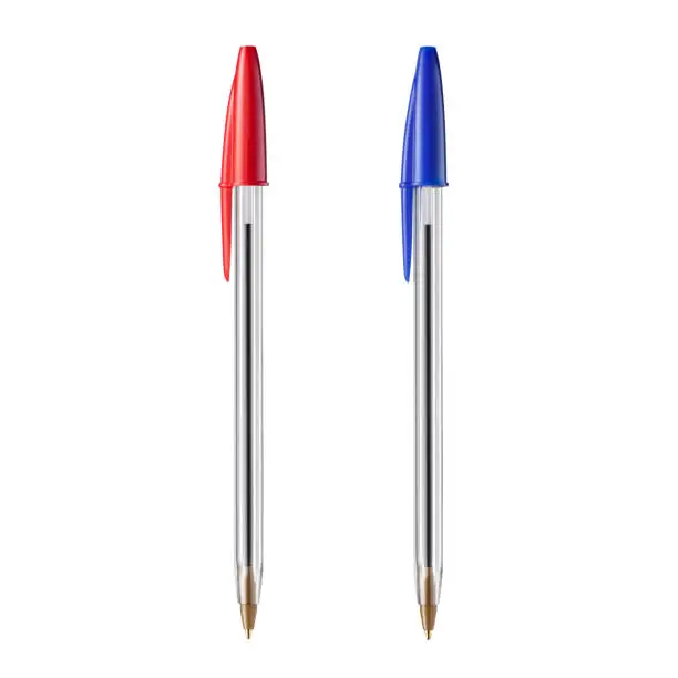 Photo of Red and blue ballpoint pens on white background