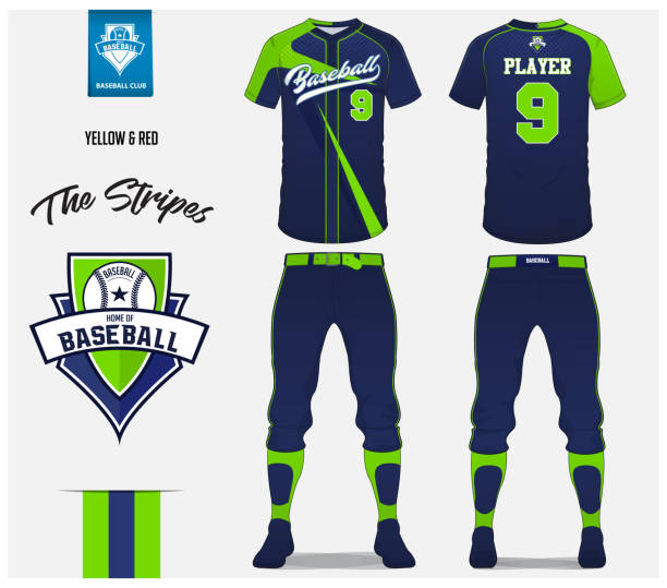 Baseball jersey, pants and socks template design. Green and blue stripe baseball uniform t-shirt mock up. Raglan t-shirt sport in front and back view. Flat baseball logo design. Vector. Baseball jersey, pants and socks template design. Green and blue stripe baseball uniform t-shirt mock up. Raglan t-shirt sport in front and back view. Flat baseball logo design. Vector Illustration. baseball uniform stock illustrations