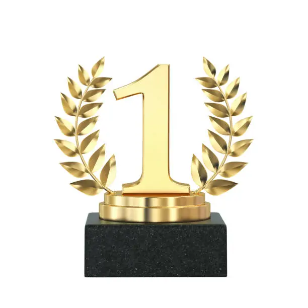 First place, golden trophy with laurel wreath isolated on white. 3D rendering with clipping path
