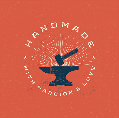 Vintage Handmade Label Badge with Anvil and Hummer. Retro Vintage styled vector illustration.