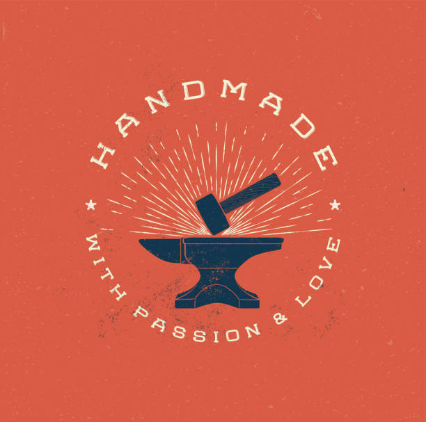 Vintage Handmade Label Badge with Anvil and Hummer. Retro styled vector illustration. Vintage Handmade Label Badge with Anvil and Hummer. Retro Vintage styled vector illustration. hand forged stock illustrations