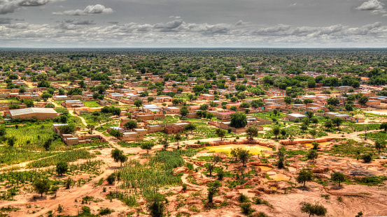 Aerial Panoramic landscape view to sahel and oasis at Dogondoutchi, Niger