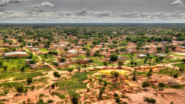 Panoramic landscape view to sahel and oasis, Dogondoutchi, Niger Aerial Panoramic landscape view to sahel and oasis at Dogondoutchi, Niger sahel stock pictures, royalty-free photos & images