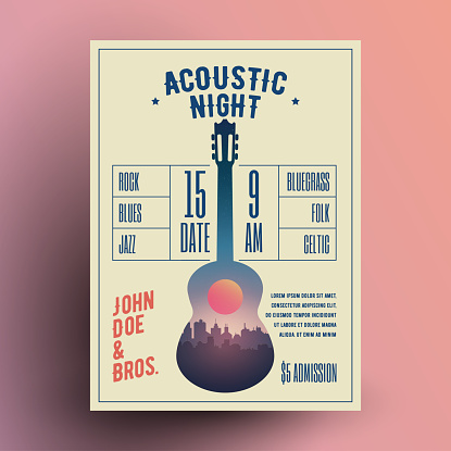 Acoustic Guitar Live Music Night Party Concert Poster or Flyer or Banner Template for your event. Vector Illustration.