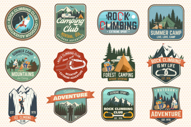 Set of Rock Climbing club and summer camp badges. Vector. Set of Rock Climbing club and summer camp badges. Vector Concept for shirt or print, stamp, patch or tee. Vintage typography design with camping tent, trailer, camper, climber, carabiner and mountains rope climbing stock illustrations