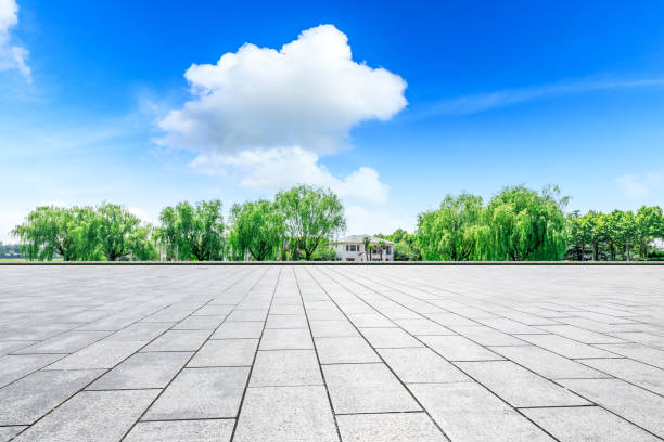 istock Empty square floor and green forest natural scenery in the city park 1040261176